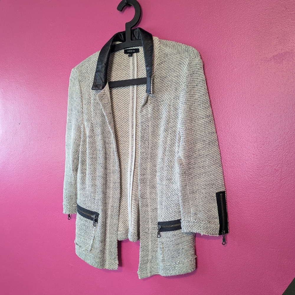 DREW Beige Knit Cardigan Black Faux Leather Collar